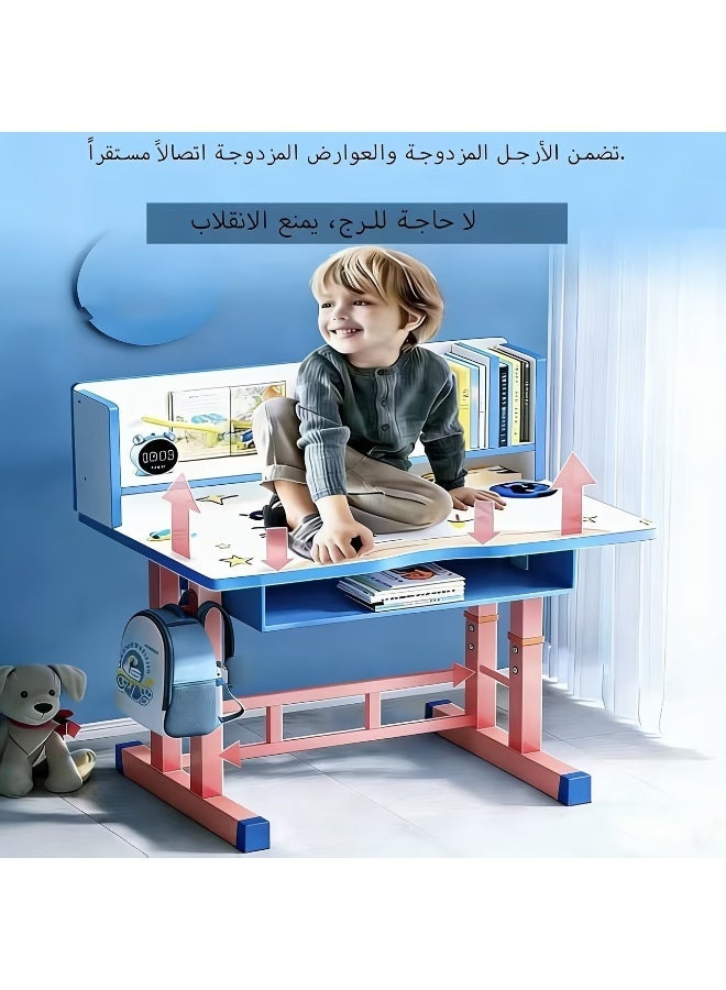 طقم مكتب دراسة وكرسي قابل للتعديل للأطفال باللون الأزرق مع رف كتب ودرج تخزين 70×45×106 سم - Image 4