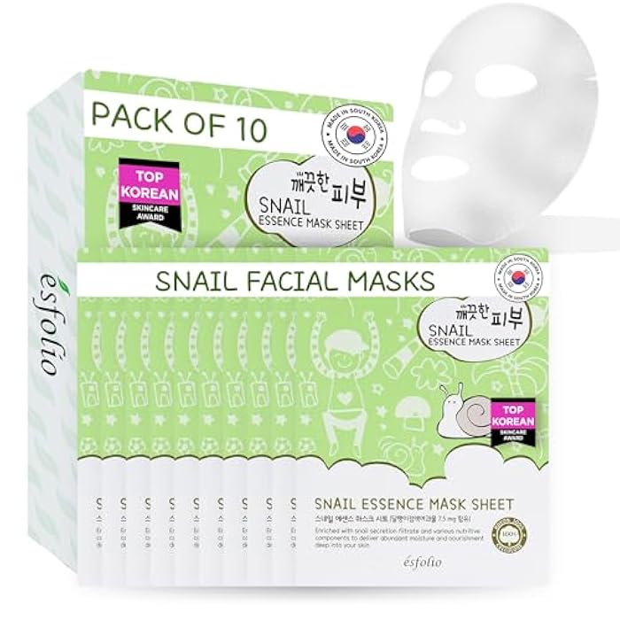 esfolio Snail Essence Mask Box – Hydrating & Repairing Sheet Masks, Korean Skincare for Moisturizing, Soothing, and Skin Renewal, Anti-Aging Face Mask for All Skin Types (Pack of 10) - Image 1