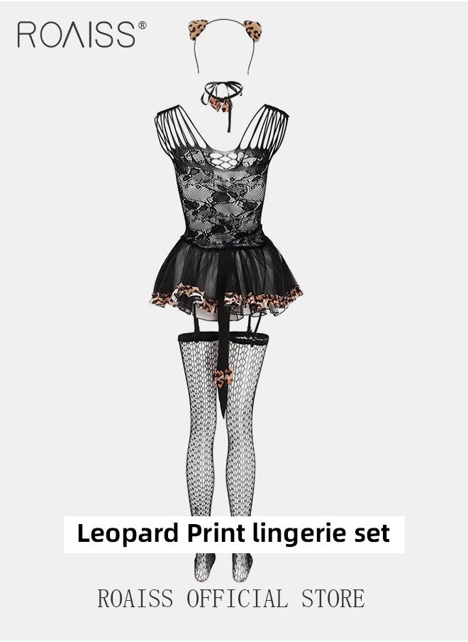 roaiss - Six Piece Leopard Print Lingerie Cut Out Contrast Lace Animal Costume Set for Women Bodysuit  for Ladies Wife Girlfriend Hollow Out Design Dress - Image 1