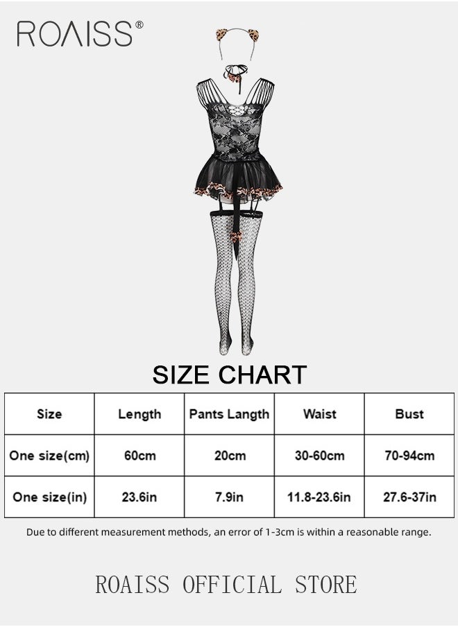 roaiss - Six Piece Leopard Print Lingerie Cut Out Contrast Lace Animal Costume Set for Women Bodysuit  for Ladies Wife Girlfriend Hollow Out Design Dress - Image 1