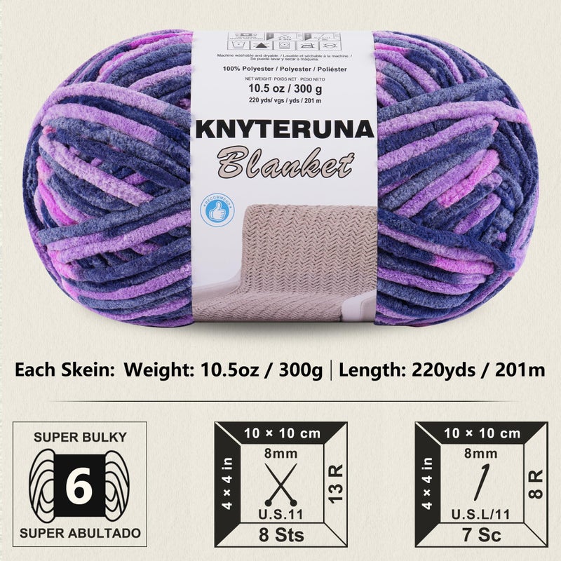 Knyteruna #6 Super Bulky Blanket Yarn for Crocheting - 4 Skeins(Each 10.5oz/300g, 220yds/201m), Chunky Chenille Thick Plush Big Soft Yarn for Crocheting Knitting Blankets, Multi Purple - Image 2