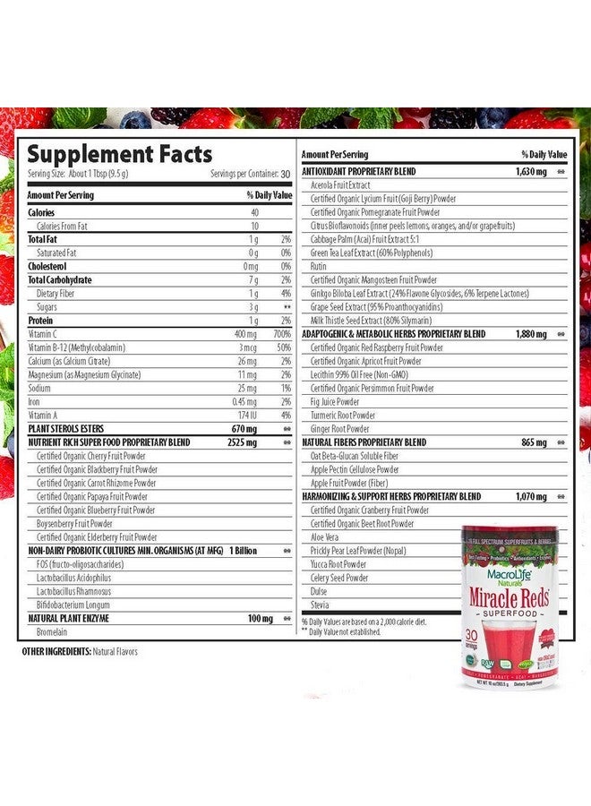 MacroLife Naturals Miracle Reds Superfood Supplement Powder Antioxidants Polyphenols Enzymes Probiotics Raw Nongmo Organic Vegan Gluten & Dairy Free 10Oz (30 Servings) - Image 3