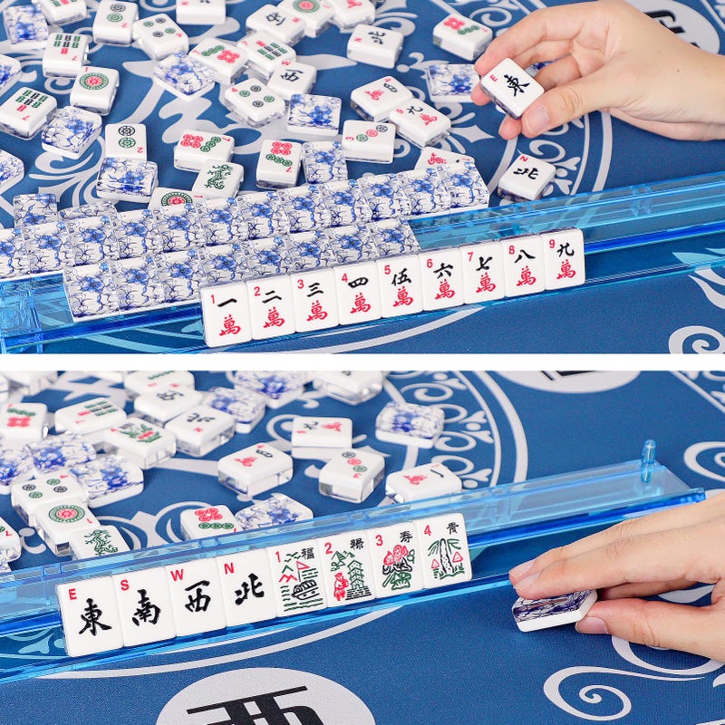 GUSTARIA American Mahjong Set,166 Premium Acrylic Tiles with Blue Prints, 4 All-in-One Color Rack/Pushers, Complete Mahjong Game Set with Floral Blue Carrying Bag - Image 4