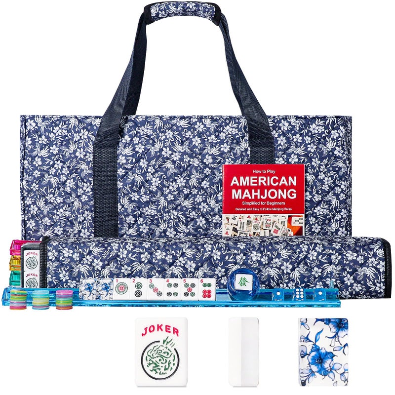 GUSTARIA American Mahjong Set,166 Premium Acrylic Tiles with Blue Prints, 4 All-in-One Color Rack/Pushers, Complete Mahjong Game Set with Floral Blue Carrying Bag - Image 1