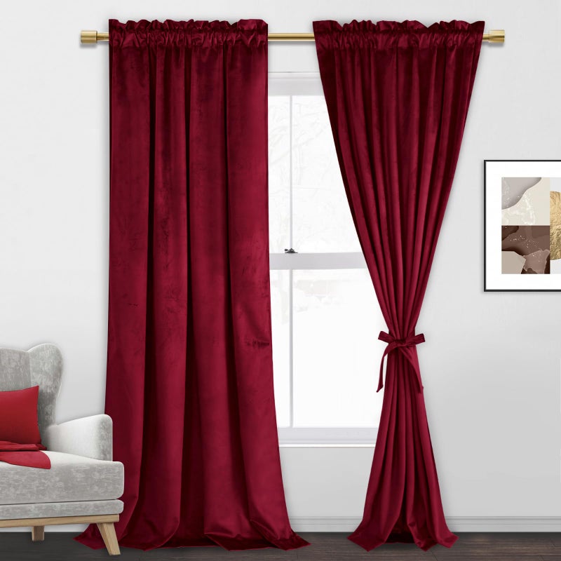 JIUZHEN Wine Red Velvet Curtains 84 inches for Living Room - Privacy Protect Room Darkening Rod Pocket Thick Velvet Window Drapes for Bedroom/Dining Room  Set of 2 with Tiebacks  W42 x L84 inches - Image 1