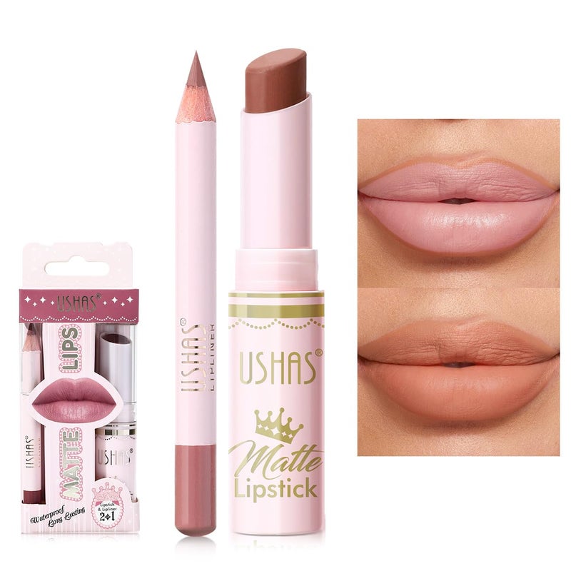 USHAS 2 in 1 Waterproof Lipstick and Lip Liner Combo Set - Long Lasting Matte Lipstick Pen with Lip Liner Set Makeup Kits (S16, Pack of 1) - Image 1