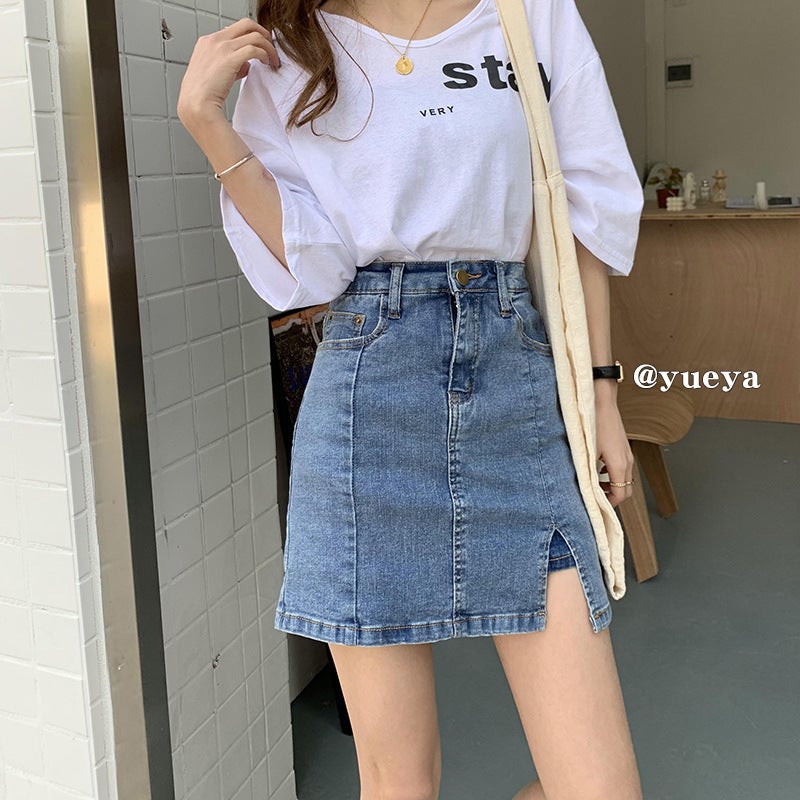 2024 Spring High Waist A- Line Skirt Skirt Womens Split Denim Hip Skirt Retro Slimming Anti-walking Pant Skirt Blue