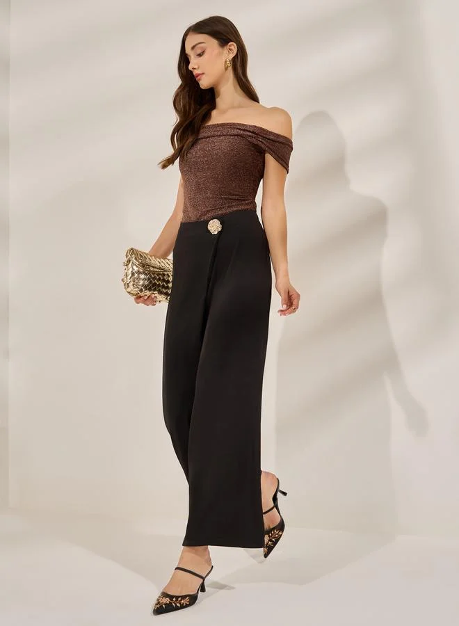 Styli Women Black Straight Leg Trousers with Textured Button