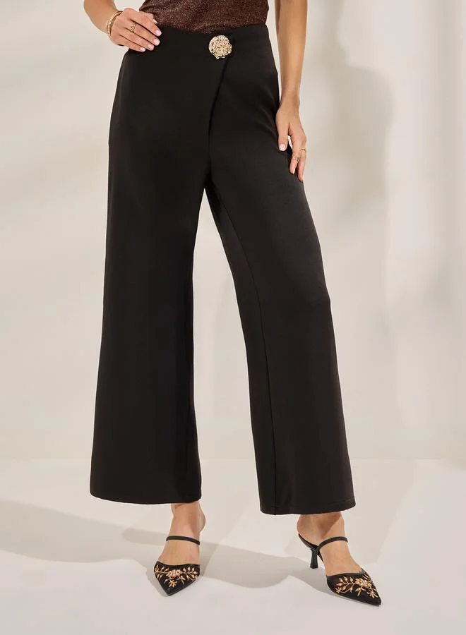 Styli Women Black Straight Leg Trousers with Textured Button