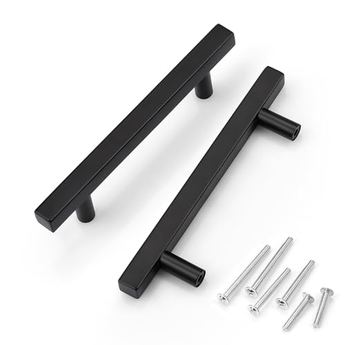 KNOBWELL 6 Pack 4 in（102mm） Matte Black Cabinet Handles, Stainless Cabinet Black Pulls for Kitchen Cabinet Cupboard Dresser Drawer, 4" Hole Center, 6-3/10"（160mm） Overall Length - Image 1