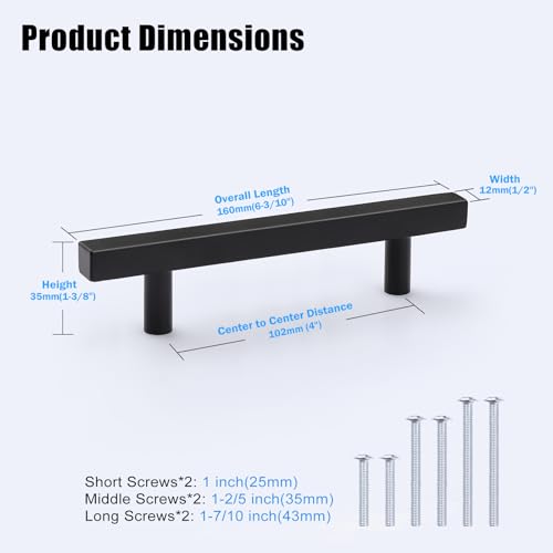 KNOBWELL 6 Pack 4 in（102mm） Matte Black Cabinet Handles, Stainless Cabinet Black Pulls for Kitchen Cabinet Cupboard Dresser Drawer, 4" Hole Center, 6-3/10"（160mm） Overall Length - Image 4