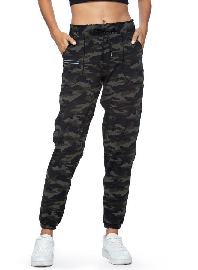 Haowind Joggers for Women with Pockets Elastic Waist Workout Sport Gym Pants Comfy Lounge Yoga Running Pants, Green Camo, XL - Image 1