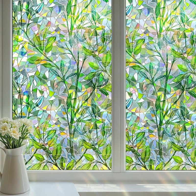 DARUITE Window Film with Green Leaves Pattern 30 x 200 cm Electrostatic No Glue UV Protection Rainbow Effect Privacy Film Windows for Office, Living Room - Image 1