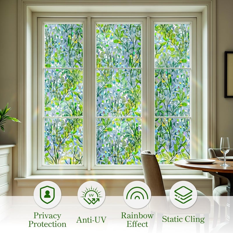 DARUITE Window Film with Green Leaves Pattern 30 x 200 cm Electrostatic No Glue UV Protection Rainbow Effect Privacy Film Windows for Office, Living Room - Image 5