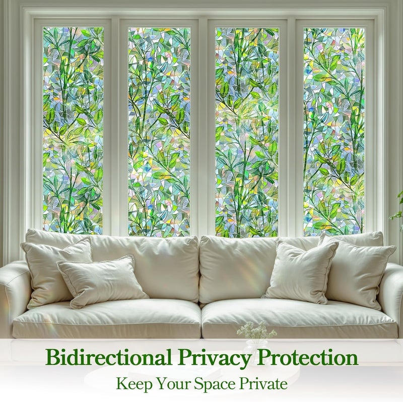DARUITE Window Film with Green Leaves Pattern 30 x 200 cm Electrostatic No Glue UV Protection Rainbow Effect Privacy Film Windows for Office, Living Room - Image 2