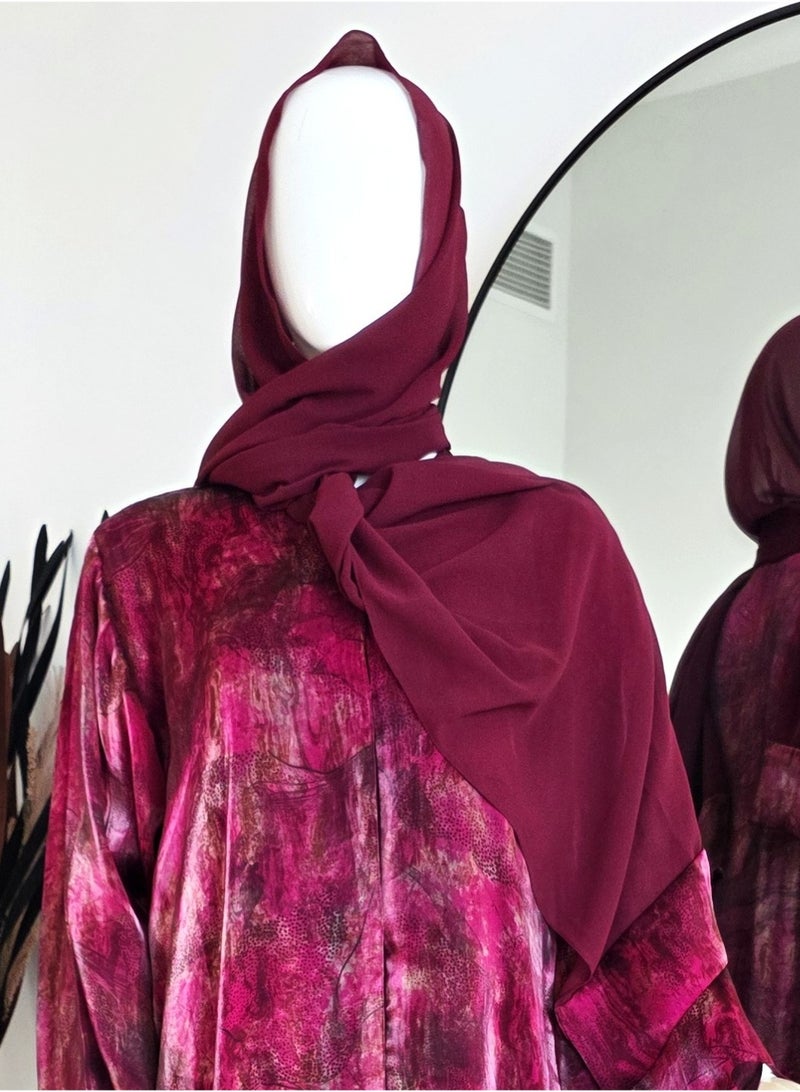 عباية نسائية أنيقة بلمسات مطرزة من الأمام مع شيلة مطابقة - لون عنابي - Image 2