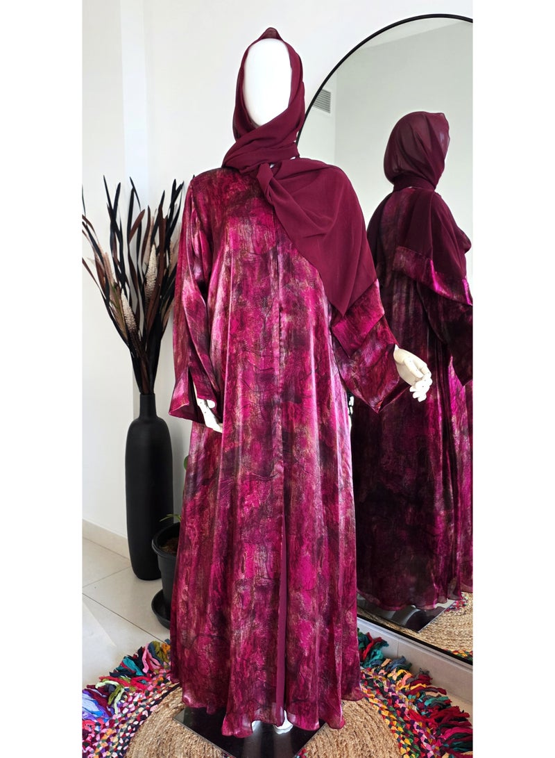 عباية نسائية أنيقة بلمسات مطرزة من الأمام مع شيلة مطابقة - لون عنابي - Image 3