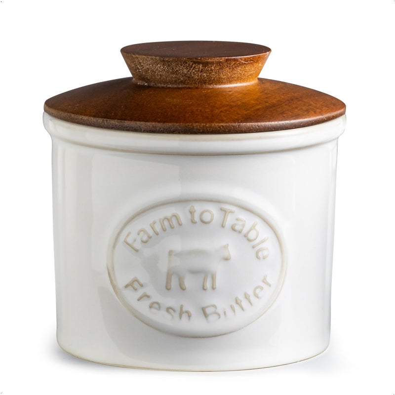 YHOJOY Ceramic Butter Dish With Lid, Butter Crock for Countertop, French Butter Keeper Holder for Spreadable Butter, Cream White - Image 1