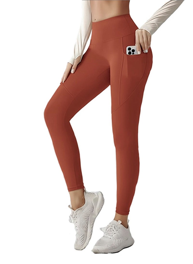 SOLOBUY Fitness Leggings High Waist Pockets Breathable, Color Terracotta, 1 Piece - Image 1