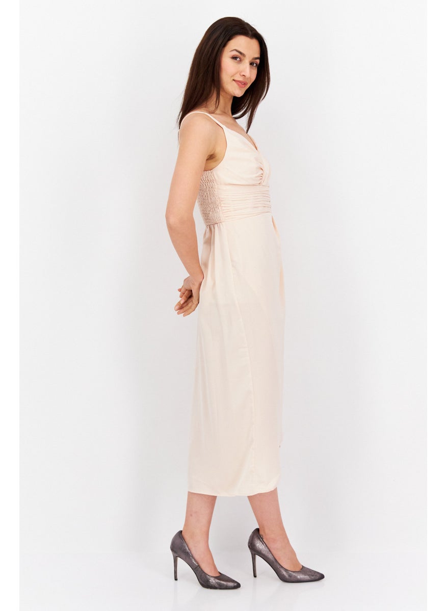 Little Mistress - Women Plain Midi Casual Dress, Peach - Image 1