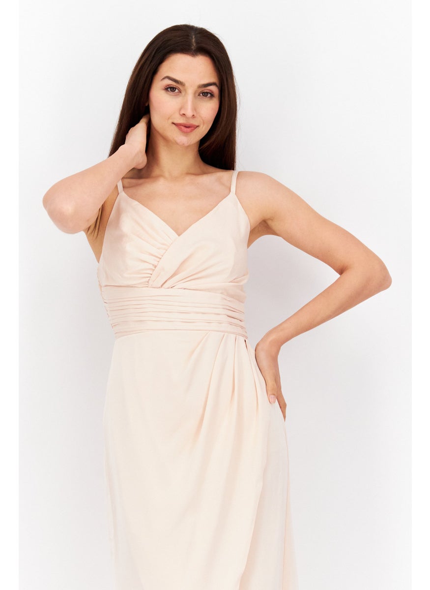 Little Mistress - Women Plain Midi Casual Dress, Peach - Image 1