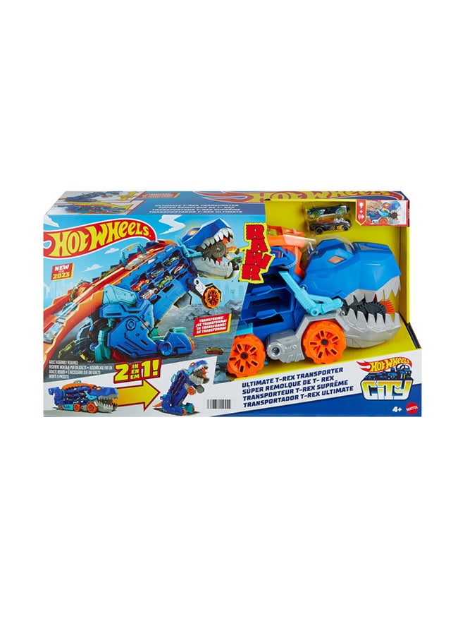 Hot Wheels City Ultimate Hauler, Transforms Into Stomping T-Rex With Race Track, Lights And Sounds, Toy Storage For 20+ 1:64 Scale Cars  - Image 1