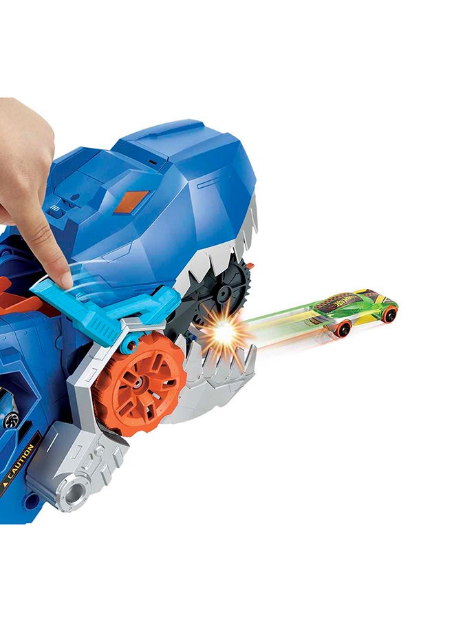 Hot Wheels City Ultimate Hauler, Transforms Into Stomping T-Rex With Race Track, Lights And Sounds, Toy Storage For 20+ 1:64 Scale Cars  - Image 5