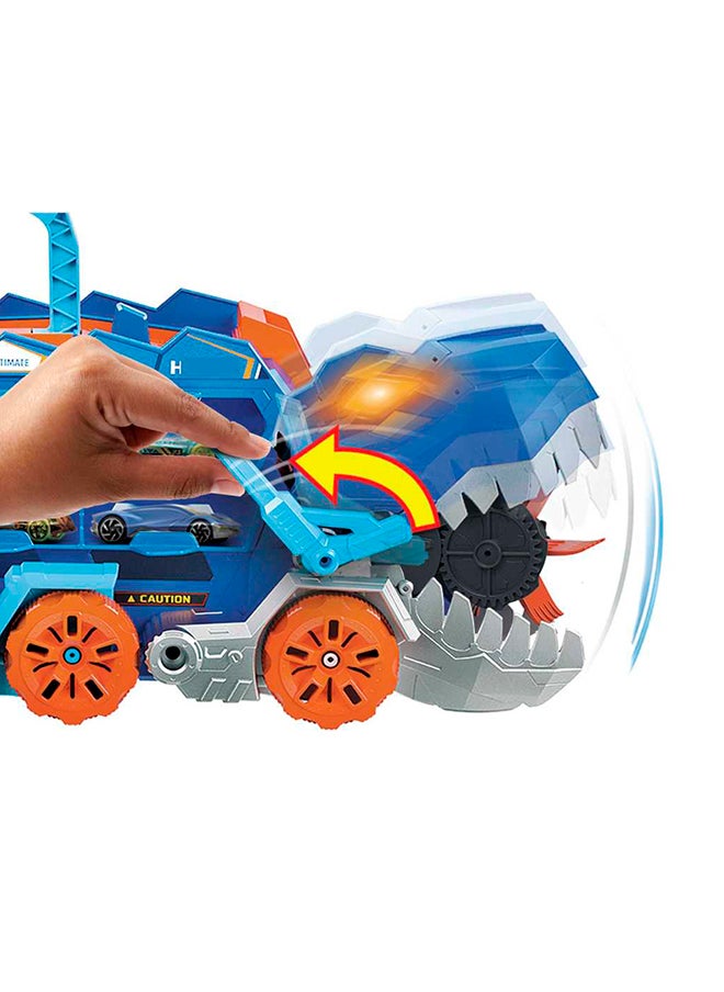 Hot Wheels City Ultimate Hauler, Transforms Into Stomping T-Rex With Race Track, Lights And Sounds, Toy Storage For 20+ 1:64 Scale Cars  - Image 3