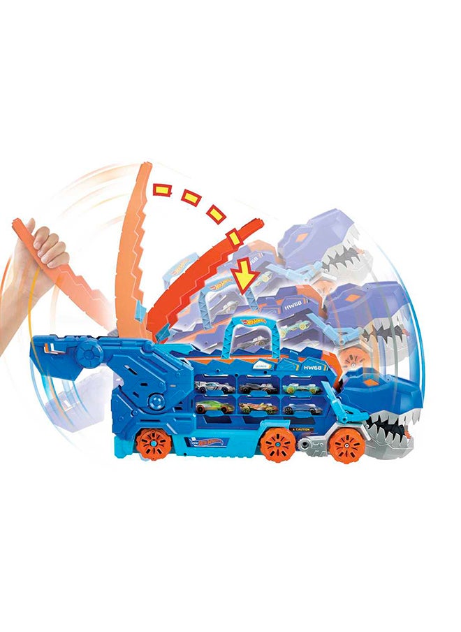 Hot Wheels City Ultimate Hauler, Transforms Into Stomping T-Rex With Race Track, Lights And Sounds, Toy Storage For 20+ 1:64 Scale Cars  - Image 4