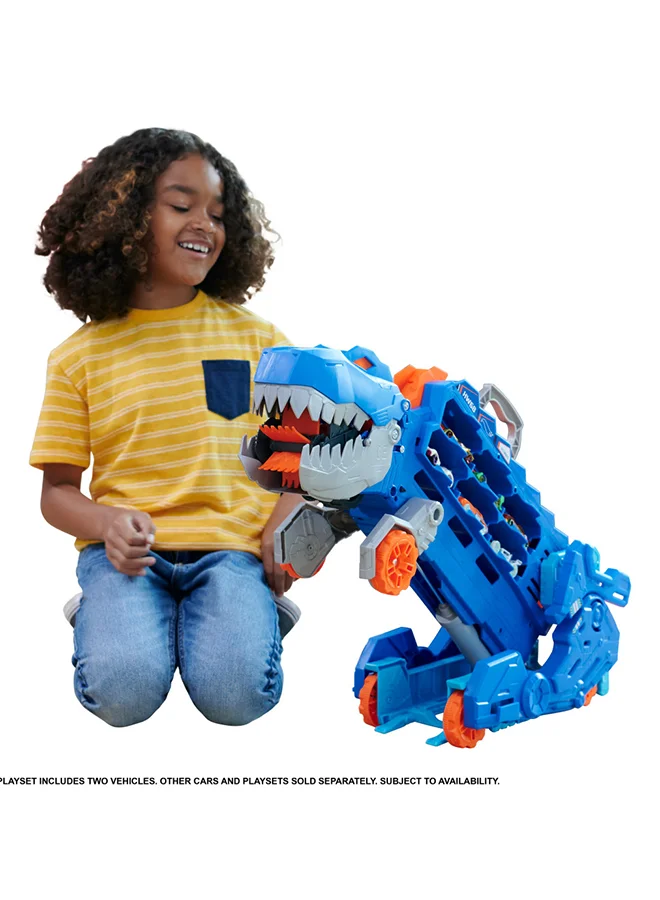 هوت ويلز City Ultimate Hauler, Transforms Into Stomping T-Rex With Race Track, Lights And Sounds, Toy Storage For 20+ 1:64 Scale Cars