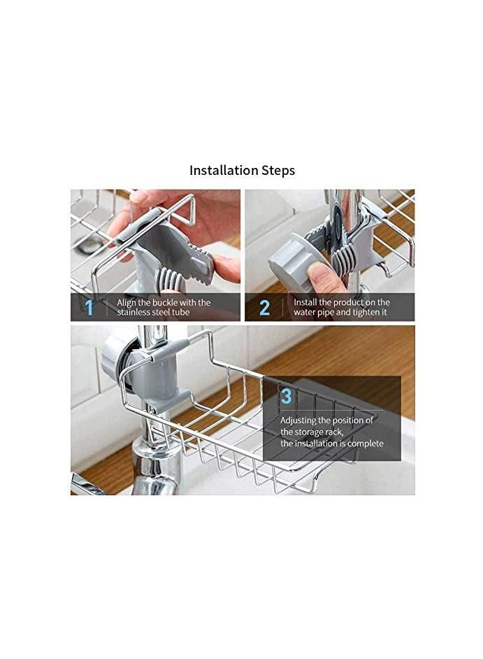 DRAMA HOME Sponge Holder, Stainless Steel Sink Organizer, Practical Home Kitchen Faucet Organizer Clip Storage Rack, Draining Rack for Soap, Sponge, Dish Sponge, Silver - Image 3