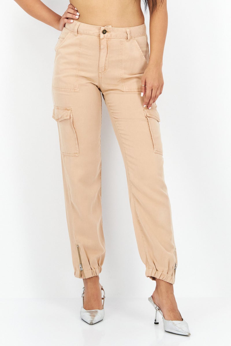 GUESS Women Regular Fit Plain Cargo Pants, Light Brown  - Image 1