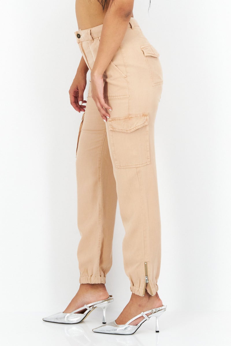 GUESS Women Regular Fit Plain Cargo Pants, Light Brown - Image 4