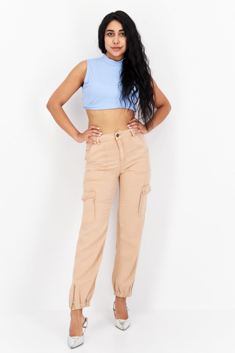 GUESS Women Regular Fit Plain Cargo Pants, Light Brown - Image 2