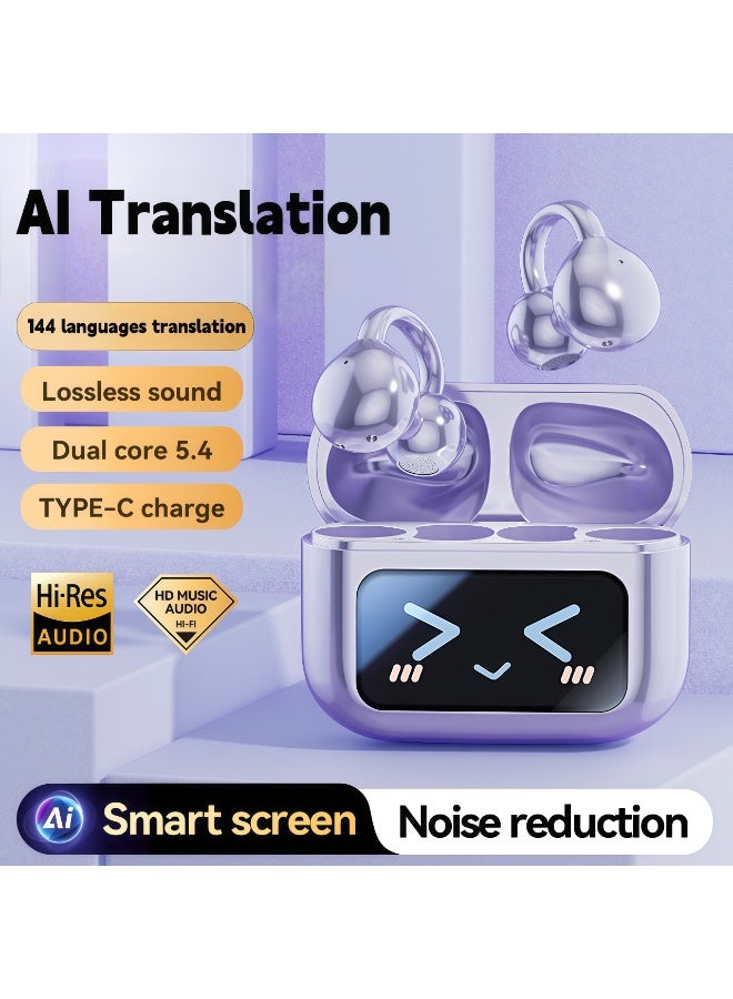 Latest 2025 Model Bluetooth Clip-On Earbuds with Color Screen, Stereo Sound & AI Translator (140 Languages), Hi-Fi Sport Earphones, Bluetooth 6.0 Technology，One-Touch Remote Photo Capture