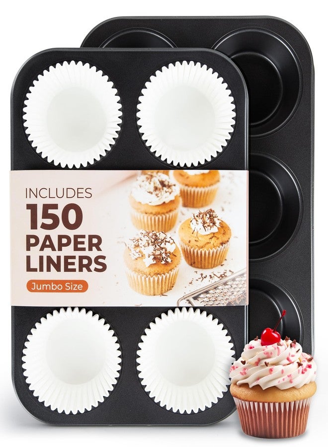 CARTMAN 2-Pack Jumbo Muffin Pan with 150 Cupcake Liners, Nonstick 6-Cup Large Muffin Tin for Baking, Food-Grade Carbon Steel Cupcake Pan for XL Treats & Egg Bites, Perfect for Family Breakfasts - Image 1