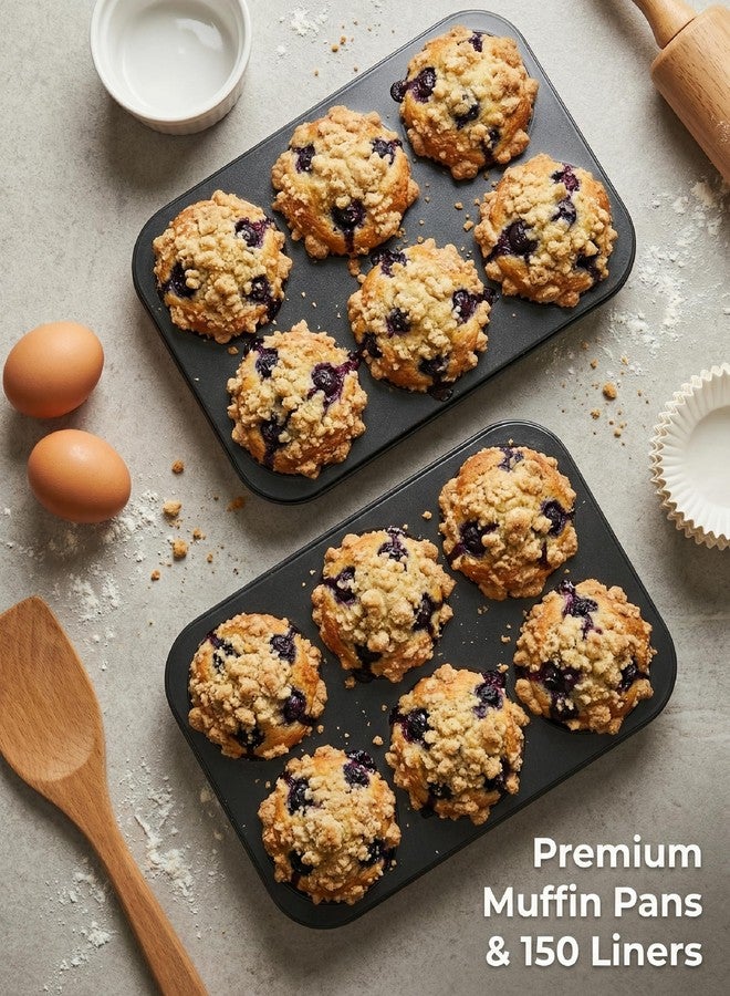 CARTMAN 2-Pack Jumbo Muffin Pan with 150 Cupcake Liners, Nonstick 6-Cup Large Muffin Tin for Baking, Food-Grade Carbon Steel Cupcake Pan for XL Treats & Egg Bites, Perfect for Family Breakfasts - Image 2