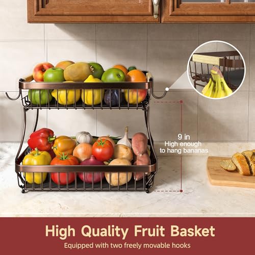 Sevenblue 2 Tier Large Fruit Basket for Kitchen Counter with 2 Mobile Banana Hangers 2026 Pro Detachable Metal Fruit Bowl with Wooden Handle Brown 2 Tier - Image 3