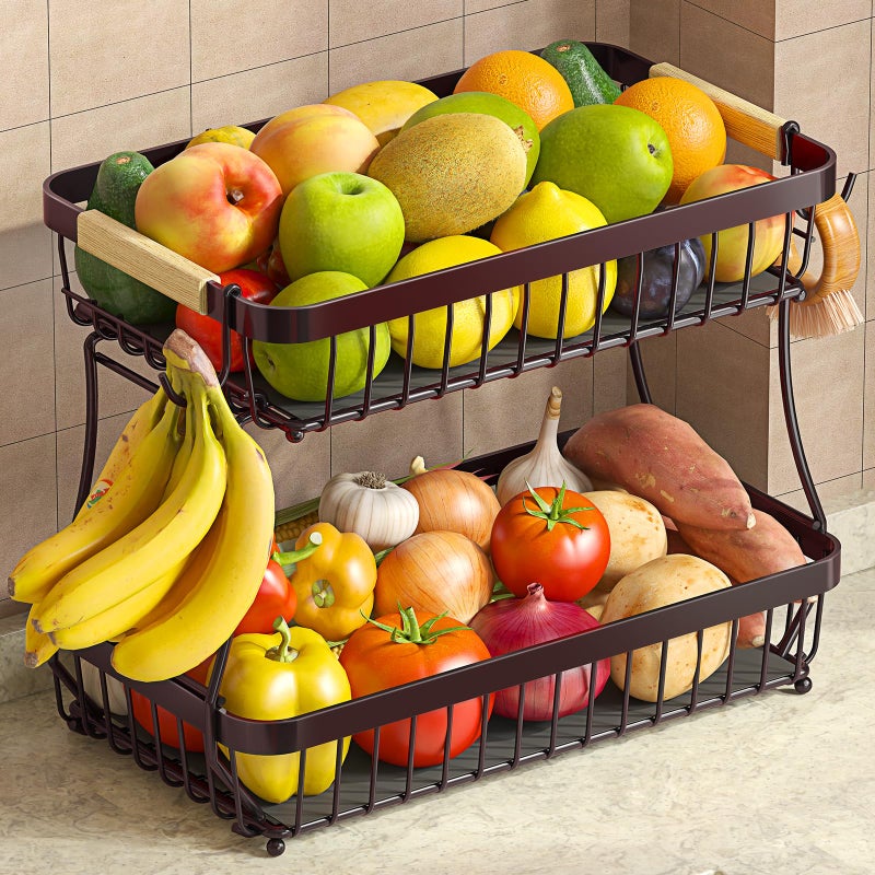Sevenblue 2 Tier Large Fruit Basket for Kitchen Counter with 2 Mobile Banana Hangers 2026 Pro Detachable Metal Fruit Bowl with Wooden Handle Brown 2 Tier - Image 2