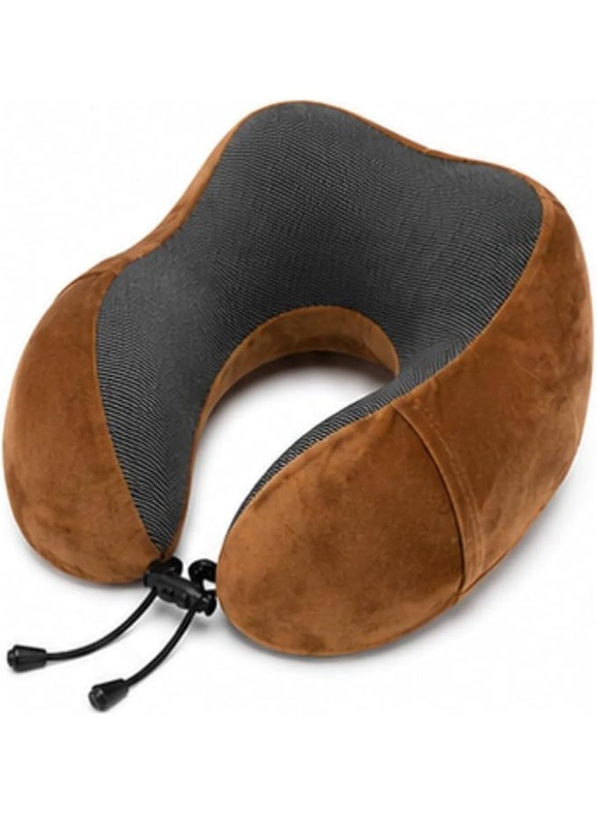 Memory Foam Travel Neck Pillow 100% Memory Foam Velvet Fabric Airplane Neck Support Pillow For Car Train Bus Office Camping Soft Portable Ergonomic Travel Essential For Men Women Brown - Image 1