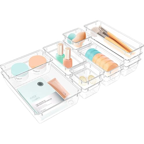 StorMiracle 13 PCS Clear Plastic Drawer Organizers Set, 4 Size Desk Drawer Organizer Trays for Makeup, Jewelry, Kitchen Utensils, Gadgets and Office Accessories - Image 1