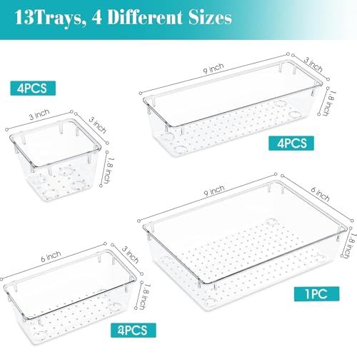StorMiracle 13 PCS Clear Plastic Drawer Organizers Set, 4 Size Desk Drawer Organizer Trays for Makeup, Jewelry, Kitchen Utensils, Gadgets and Office Accessories - Image 2
