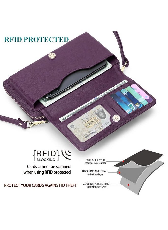 PEACOCKTION - Women Wallet Purse Credit Card Holder With Rfid Large Capacity Crossbody Wristlet Clutch 2 Straps Purple - Image 1