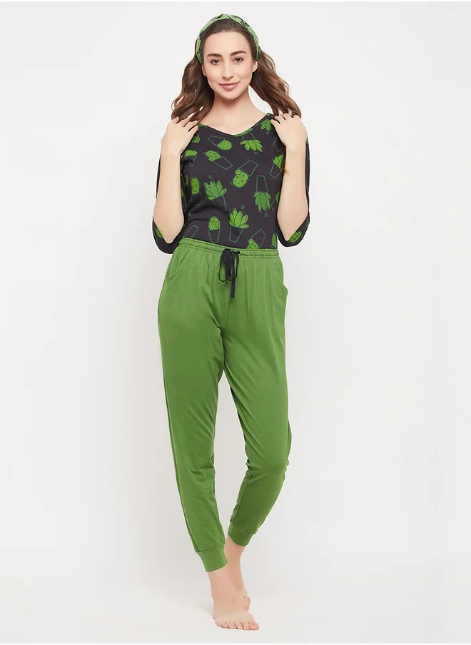 كلوفيا Clovia Cactus Print Top in Black & Chic Basic Joggers in Green - 100% Cotton