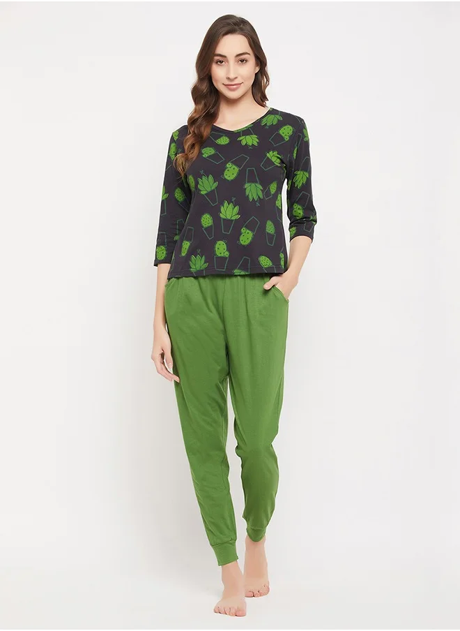 Clovia Clovia Cactus Print Top in Black & Chic Basic Joggers in Green - 100% Cotton