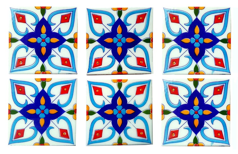SHIV KRIPA Blue Pottery Floral Decorative Mosaic Wall Tiles (4 x 4 Inch Set of 6 Tiles) - Image 1