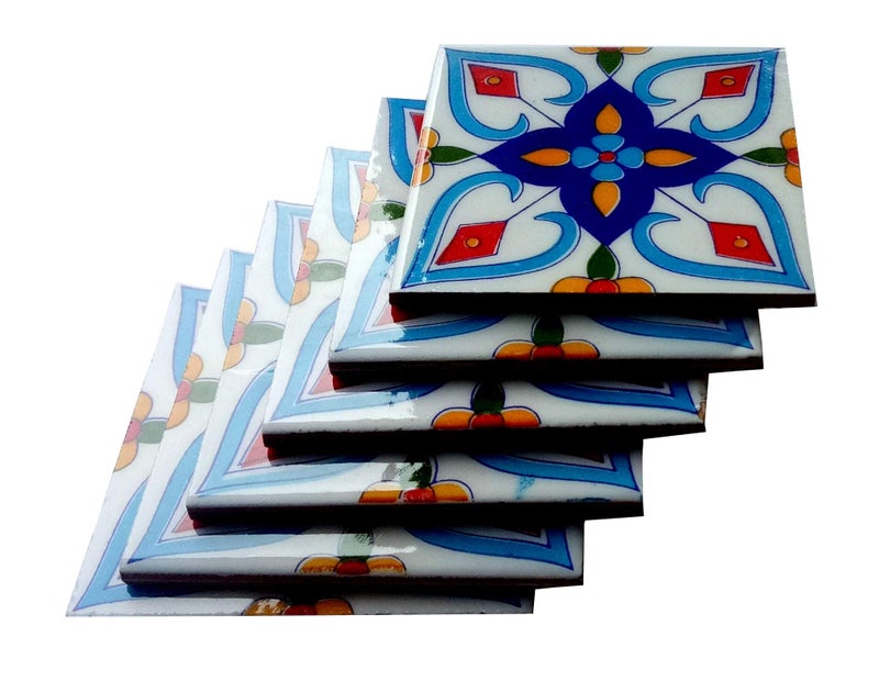 SHIV KRIPA Blue Pottery Floral Decorative Mosaic Wall Tiles (4 x 4 Inch Set of 6 Tiles) - Image 3
