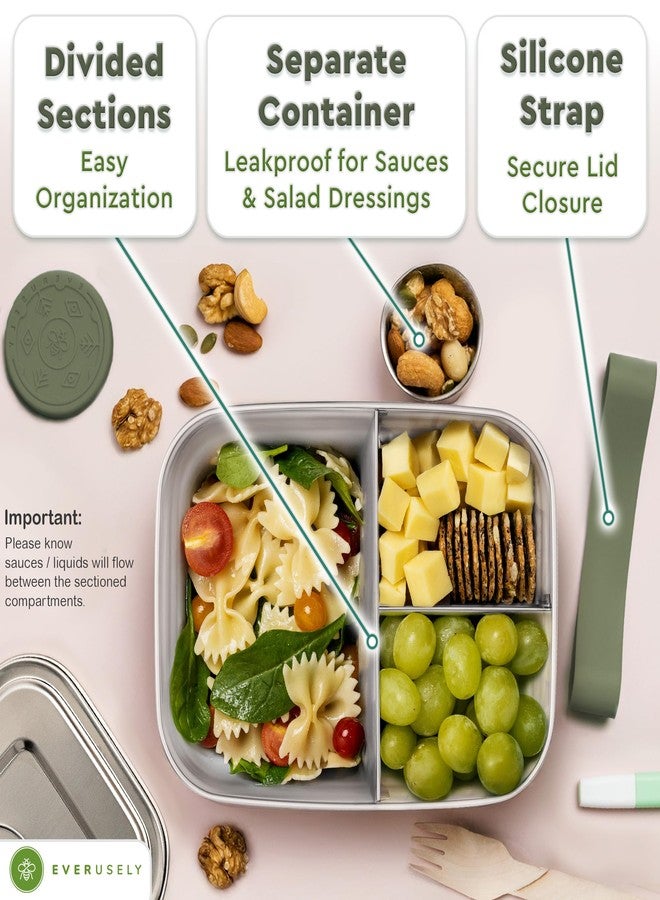 Everusely - Bento Box - Sage, 47oz / 1.4 L - Stainless Steel Lunch Box with Leakproof Condiment Container - 3 Compartment Snack Organizer for On the Go Meals - Freezer & Dishwasher Safe - Image 4