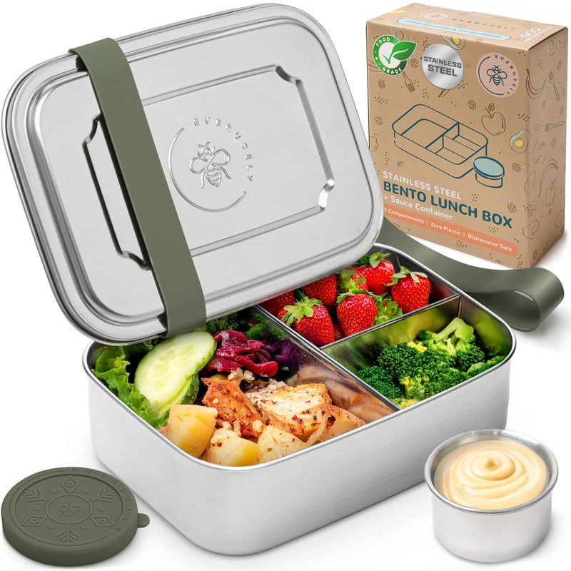 Everusely - Bento Box - Sage, 47oz / 1.4 L - Stainless Steel Lunch Box with Leakproof Condiment Container - 3 Compartment Snack Organizer for On the Go Meals - Freezer & Dishwasher Safe - Image 1