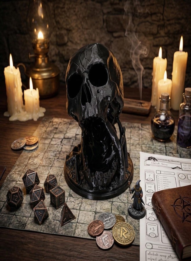 XJPONGC Skull Dice Tower Dungeons and Dragons 22mm D20 Miniature Wargaming RPG abletop Roleplaying Game Jail D&D (Random 7PCS D20 Dice Set Included) (Black) - Image 3